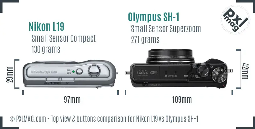 Nikon L19 vs Olympus SH-1 top view buttons comparison Nikon L19 vs Olympus SH-1 top view buttons comparison
