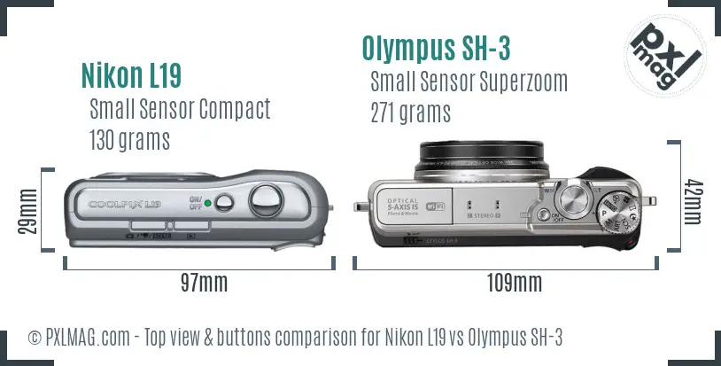 Nikon L19 vs Olympus SH-3 top view buttons comparison Nikon L19 vs Olympus SH-3 top view buttons comparison
