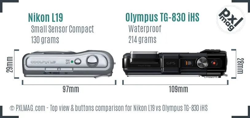 Nikon L19 vs Olympus TG-830 iHS top view buttons comparison Nikon L19 vs Olympus TG-830 iHS top view buttons comparison