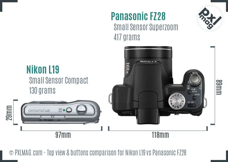 Nikon L19 vs Panasonic FZ28 top view buttons comparison