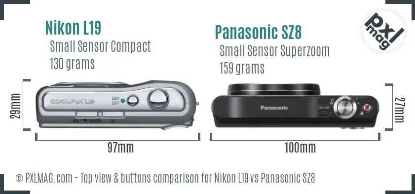 Nikon L19 vs Panasonic SZ8 top view buttons comparison Nikon L19 vs Panasonic SZ8 top view buttons comparison