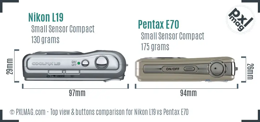 Nikon L19 vs Pentax E70 top view buttons comparison Nikon L19 vs Pentax E70 top view buttons comparison