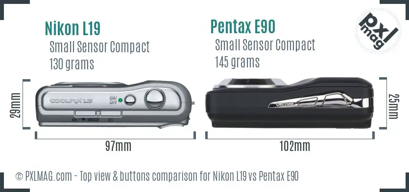 Nikon L19 vs Pentax E90 top view buttons comparison