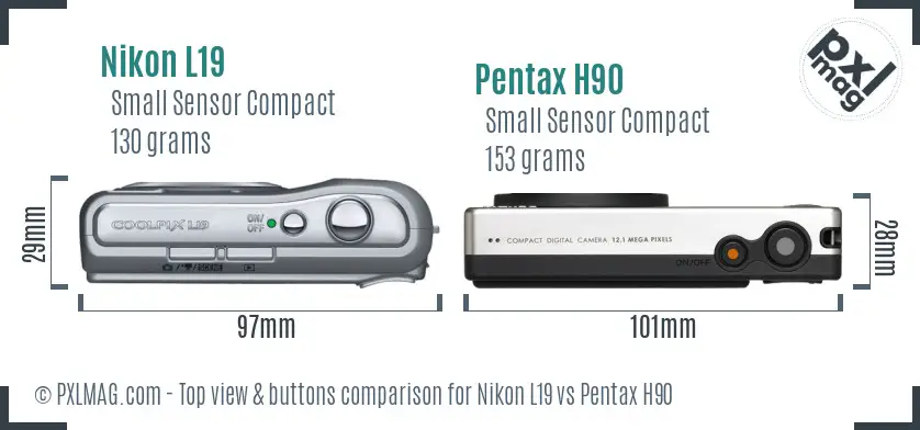 Nikon L19 vs Pentax H90 top view buttons comparison