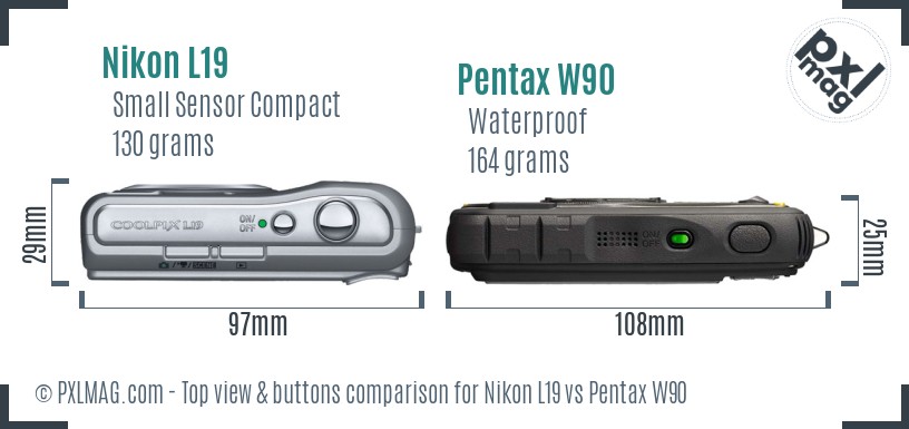 Nikon L19 vs Pentax W90 top view buttons comparison