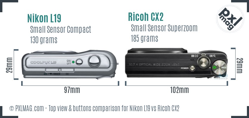 Nikon L19 vs Ricoh CX2 top view buttons comparison