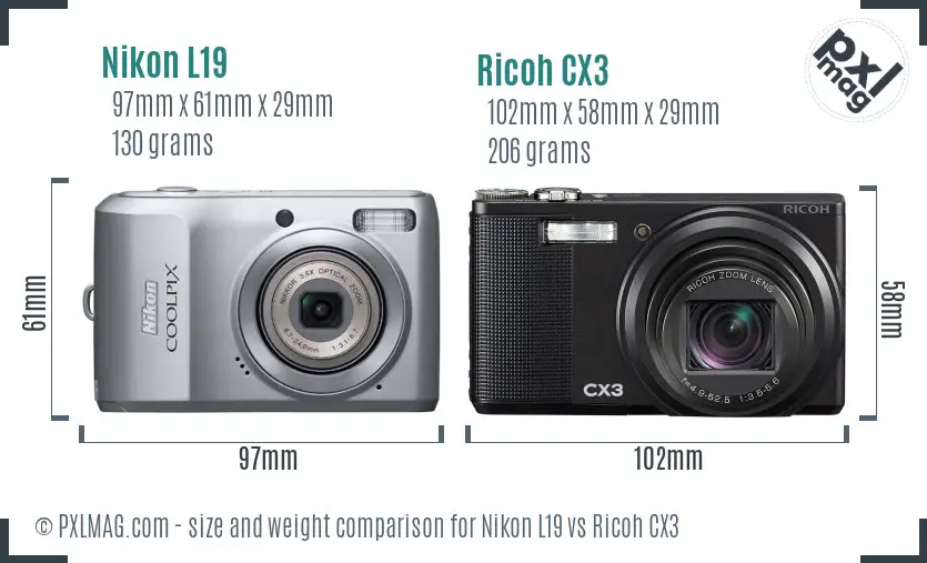 Nikon L19 vs Ricoh CX3 size comparison