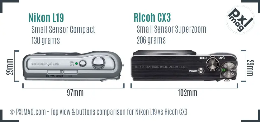 Nikon L19 vs Ricoh CX3 top view buttons comparison