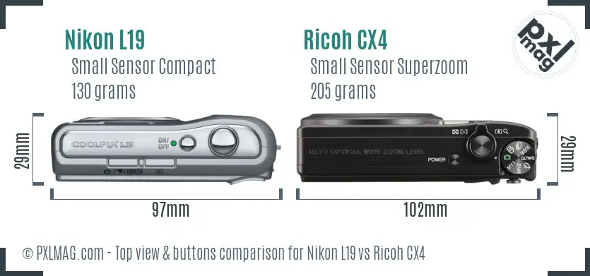 Nikon L19 vs Ricoh CX4 top view buttons comparison