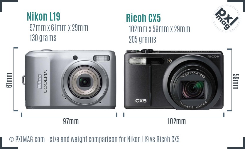 Nikon L19 vs Ricoh CX5 size comparison