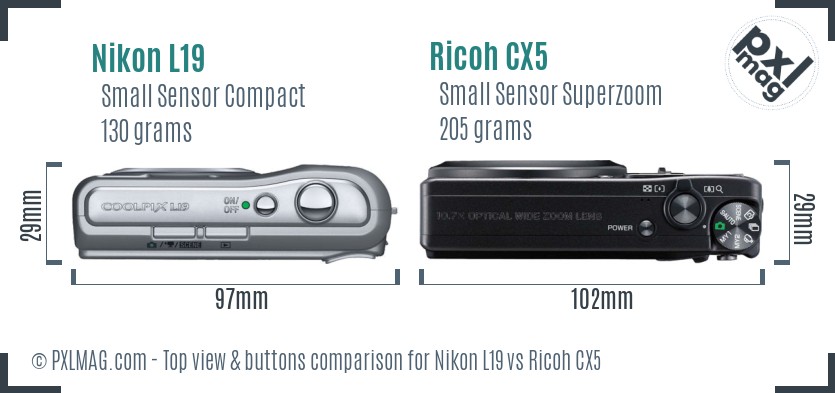 Nikon L19 vs Ricoh CX5 top view buttons comparison