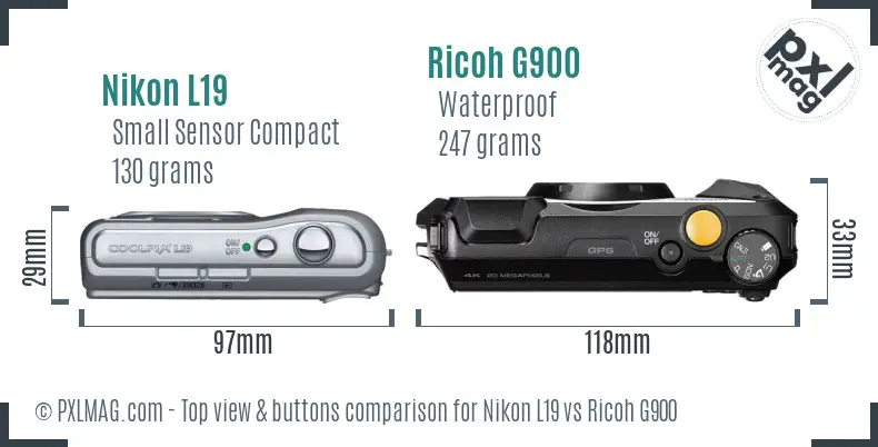 Nikon L19 vs Ricoh G900 top view buttons comparison Nikon L19 vs Ricoh G900 top view buttons comparison
