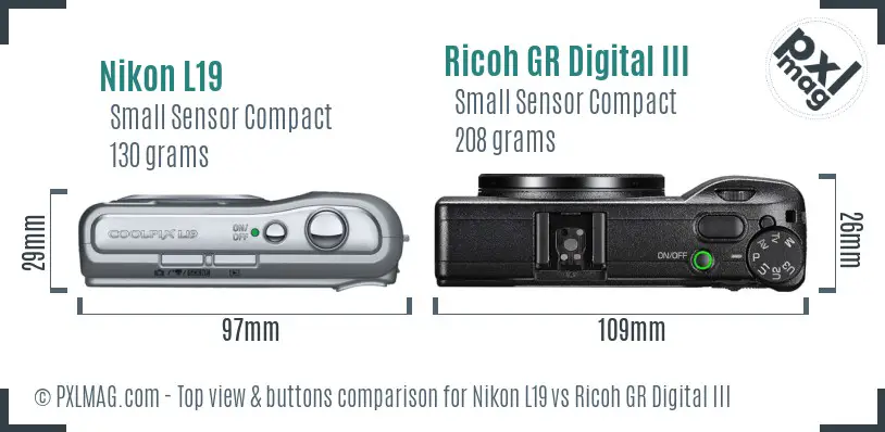 Nikon L19 vs Ricoh GR Digital III top view buttons comparison