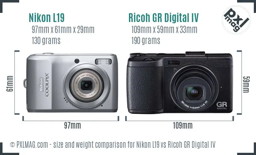 Nikon L19 vs Ricoh GR Digital IV size comparison