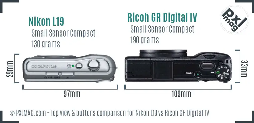 Nikon L19 vs Ricoh GR Digital IV top view buttons comparison
