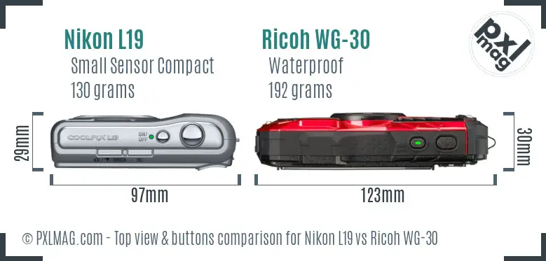 Nikon L19 vs Ricoh WG-30 top view buttons comparison Nikon L19 vs Ricoh WG-30 top view buttons comparison