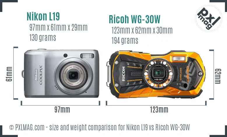 Nikon L19 vs Ricoh WG-30W size comparison