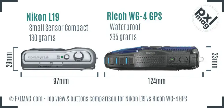 Nikon L19 vs Ricoh WG-4 GPS top view buttons comparison Nikon L19 vs Ricoh WG-4 GPS top view buttons comparison