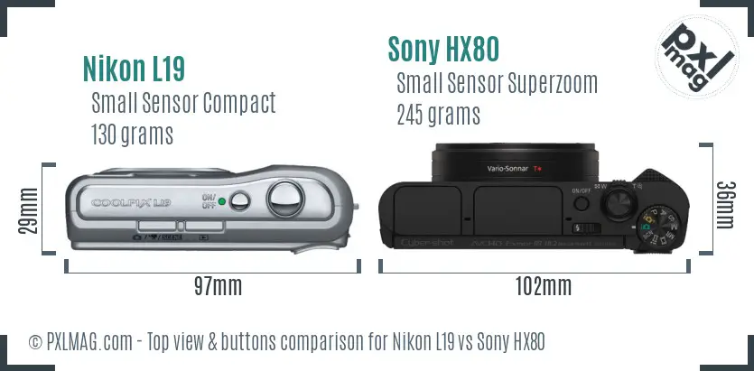 Nikon L19 vs Sony HX80 top view buttons comparison Nikon L19 vs Sony HX80 top view buttons comparison