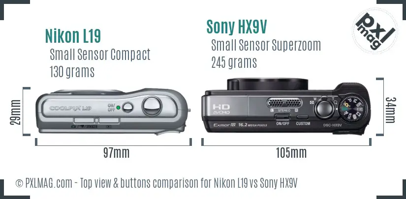 Nikon L19 vs Sony HX9V top view buttons comparison