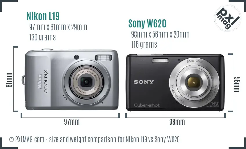 Nikon L19 vs Sony W620 size comparison