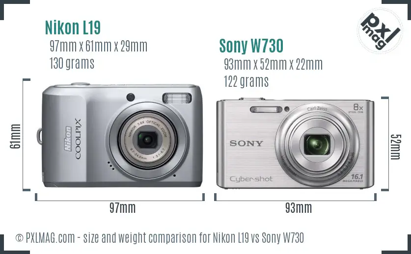 Nikon L19 vs Sony W730 size comparison