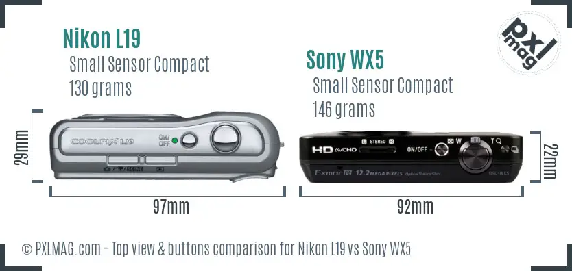 Nikon L19 vs Sony WX5 top view buttons comparison Nikon L19 vs Sony WX5 top view buttons comparison