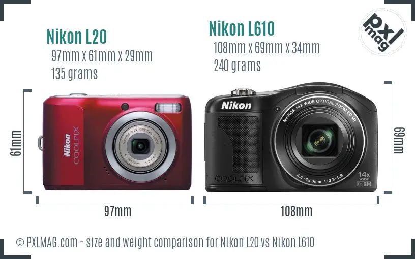 Nikon L20 vs Nikon L610 size comparison