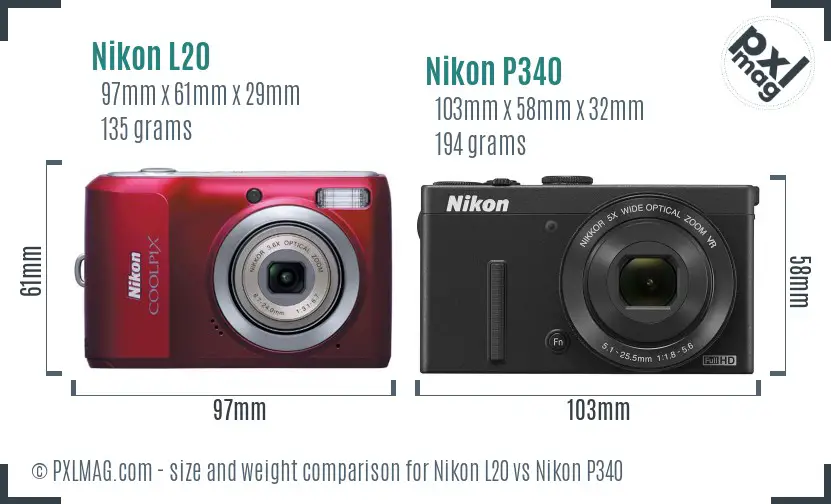 Nikon L20 vs Nikon P340 size comparison Nikon L20 vs Nikon P340 size comparison