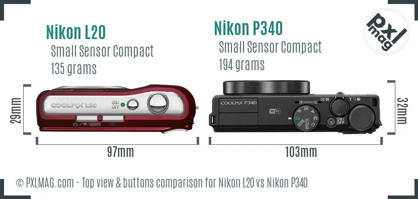 Nikon L20 vs Nikon P340 top view buttons comparison Nikon L20 vs Nikon P340 top view buttons comparison