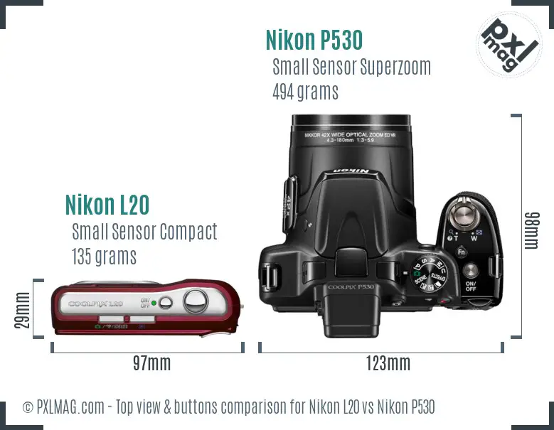 Nikon L20 vs Nikon P530 top view buttons comparison Nikon L20 vs Nikon P530 top view buttons comparison