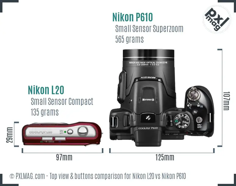 Nikon L20 vs Nikon P610 top view buttons comparison
