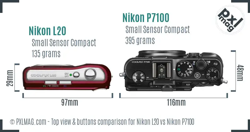 Nikon L20 vs Nikon P7100 top view buttons comparison Nikon L20 vs Nikon P7100 top view buttons comparison