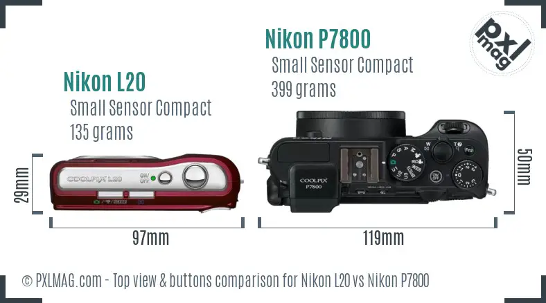 Nikon L20 vs Nikon P7800 top view buttons comparison