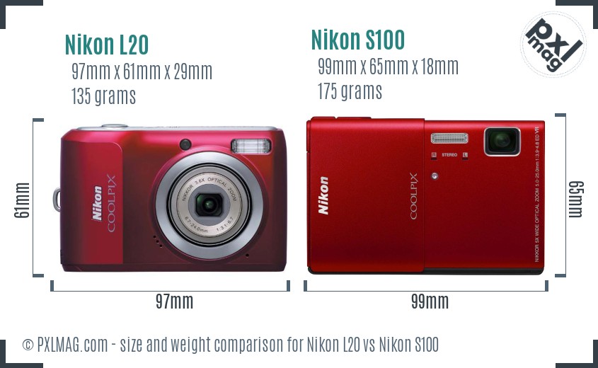 Nikon L20 vs Nikon S100 size comparison