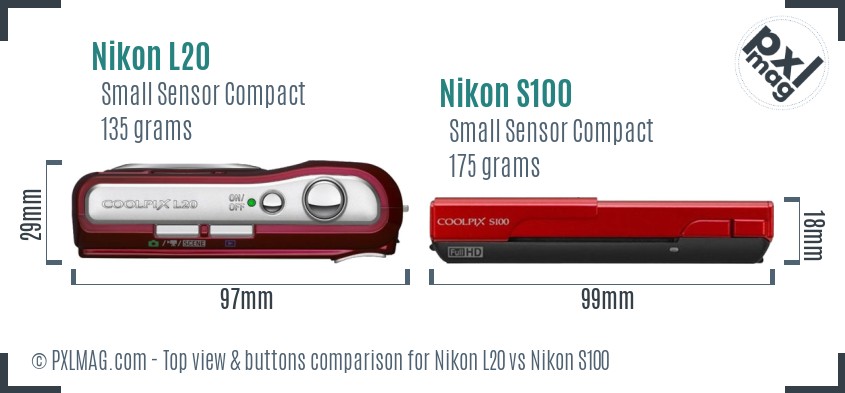 Nikon L20 vs Nikon S100 top view buttons comparison