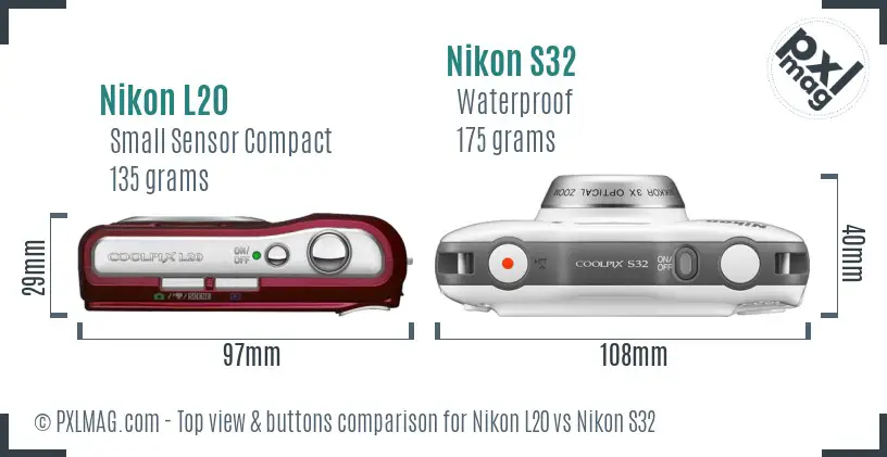 Nikon L20 vs Nikon S32 top view buttons comparison Nikon L20 vs Nikon S32 top view buttons comparison