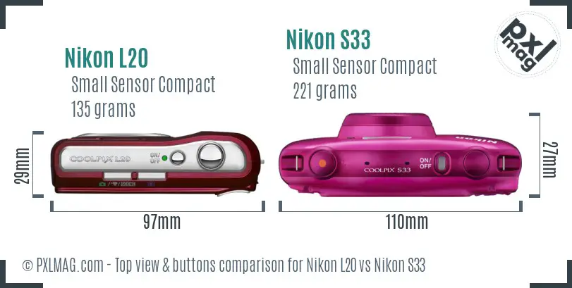 Nikon L20 vs Nikon S33 top view buttons comparison Nikon L20 vs Nikon S33 top view buttons comparison