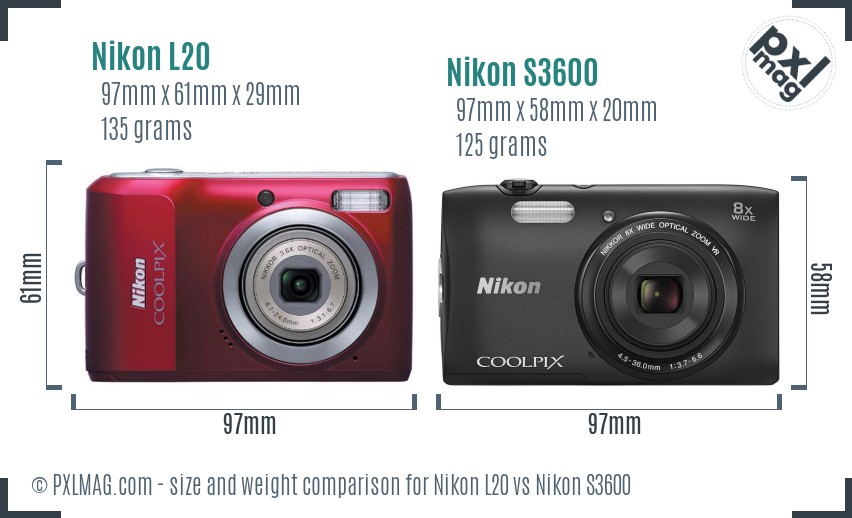 Nikon L20 vs Nikon S3600 size comparison