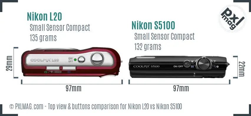 Nikon L20 vs Nikon S5100 top view buttons comparison