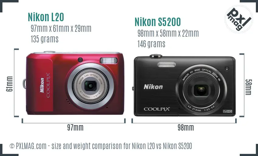 Nikon L20 vs Nikon S5200 size comparison