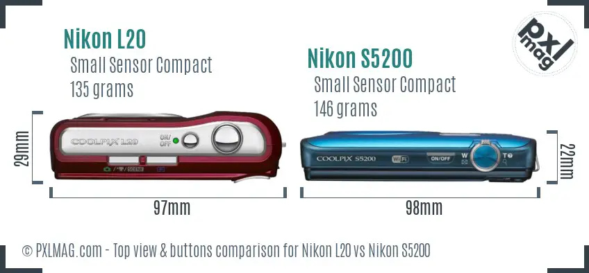 Nikon L20 vs Nikon S5200 top view buttons comparison