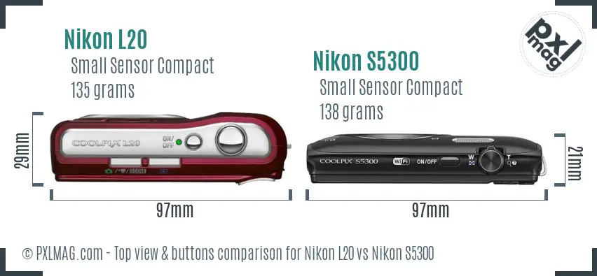 Nikon L20 vs Nikon S5300 top view buttons comparison