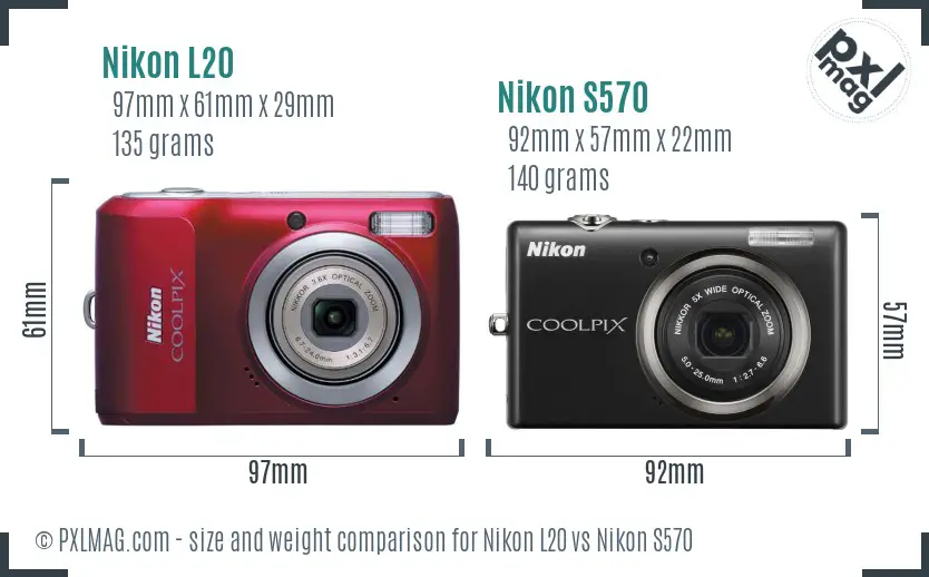 Nikon L20 vs Nikon S570 size comparison