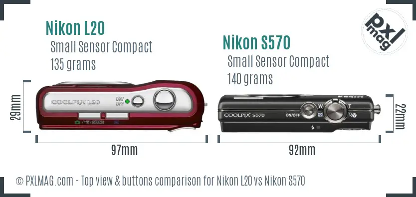 Nikon L20 vs Nikon S570 top view buttons comparison