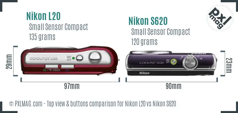 Nikon L20 vs Nikon S620 top view buttons comparison Nikon L20 vs Nikon S620 top view buttons comparison