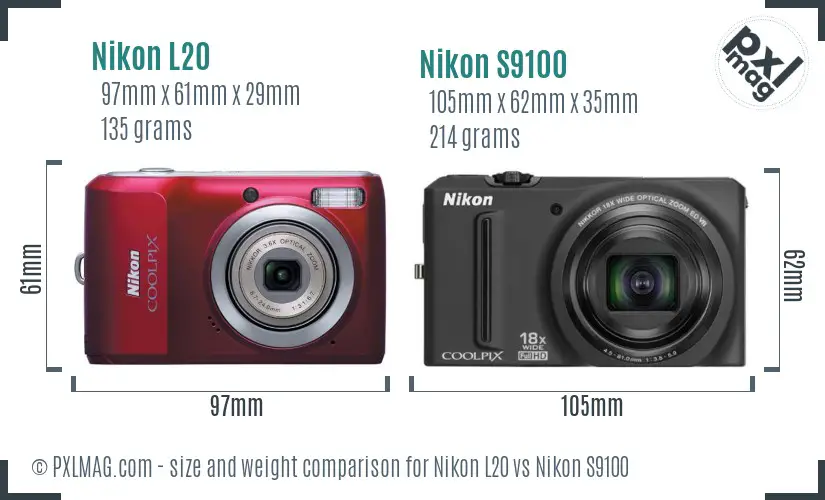 Nikon L20 vs Nikon S9100 size comparison