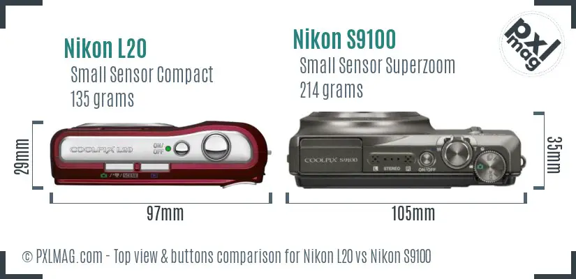 Nikon L20 vs Nikon S9100 top view buttons comparison