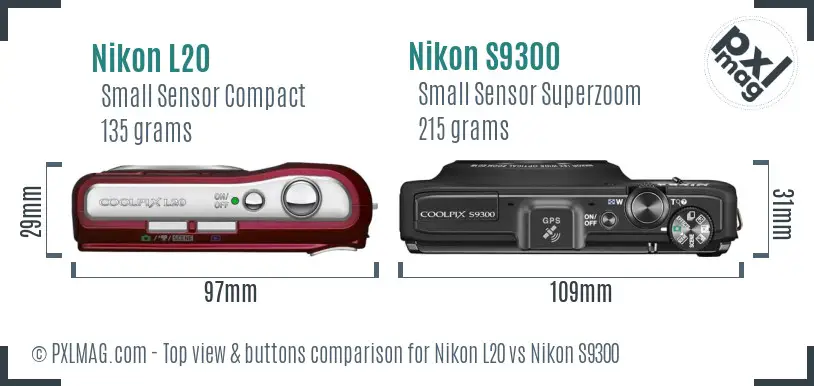 Nikon L20 vs Nikon S9300 top view buttons comparison