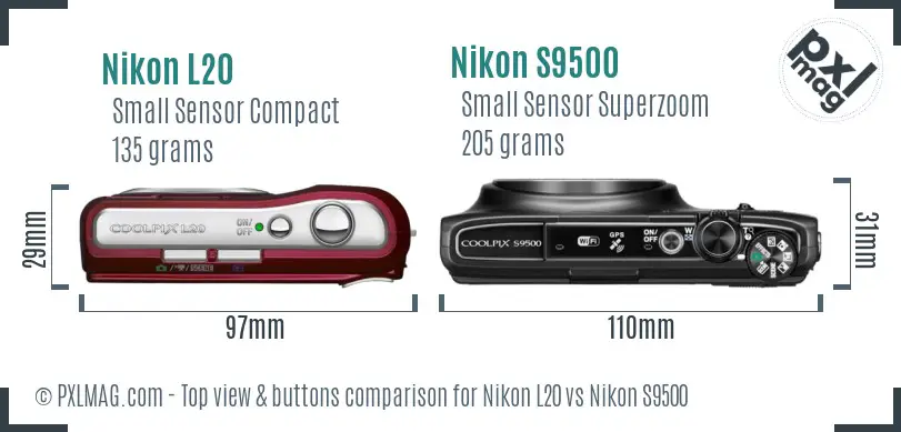 Nikon L20 vs Nikon S9500 top view buttons comparison